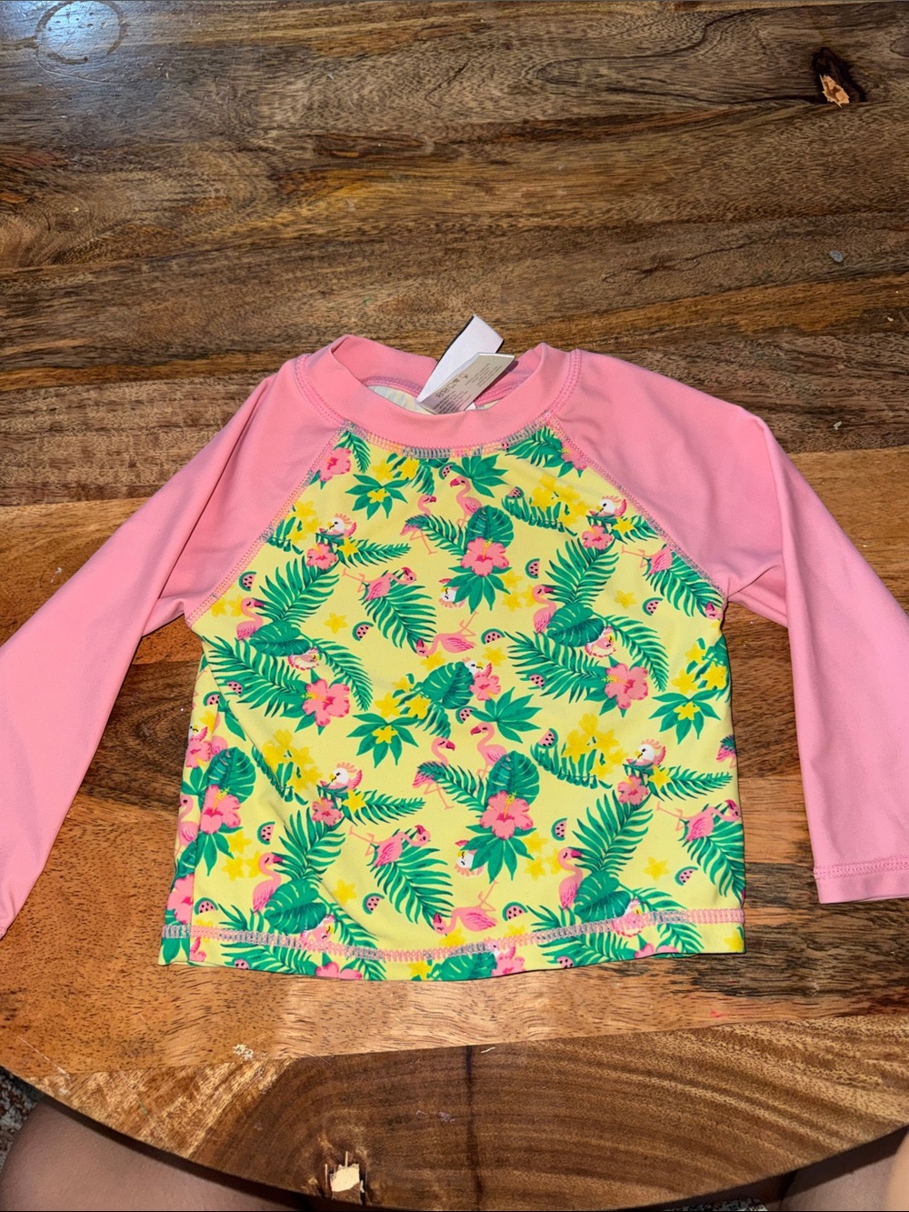 Ingear Pink-Sleeve Yellow Tropical Print Rash Guard Swim Top